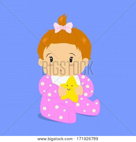 cute baby girl wearing flower pattern jumpsuit, sitting and holding a star plus toy