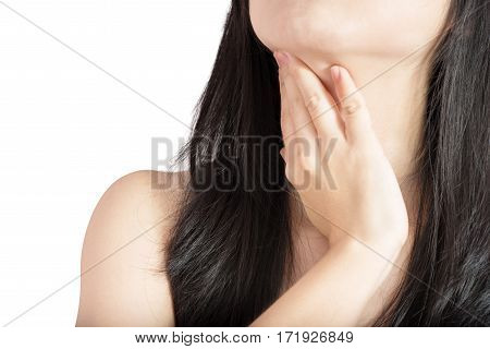 Acute Pain And Sore Throat Symptom In A Woman Isolated On White Background. Clipping Path On White B