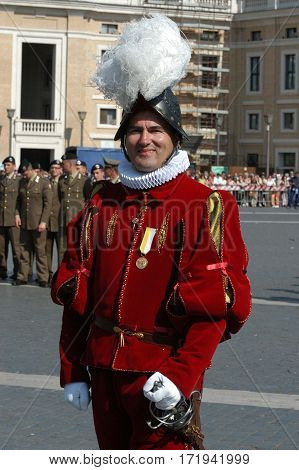 VATICAN - MAY 4: Opening of the celebration for the V° Centenary Suisse Guard Foundation. THE COMMANDANT OF SUISSE GUARDS Elmar Th. Maeder in Saint Peter Square in Vatican on 4 may 2006