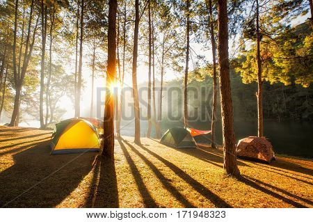 Sun rise at Pang-ung Pine forest in Thailand. Popular place for Set up the tent camping and travel in Mae Hong Son on Winter