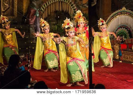 Ubud, Indonesia - July 01, 2015: Traditional dance Legong and Barong performed by professional actors in Ubud Palace