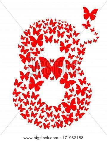 Number eight consisting of flying butterflies. March 8. Design element for celebration of the International Women's Day. Vector illustration