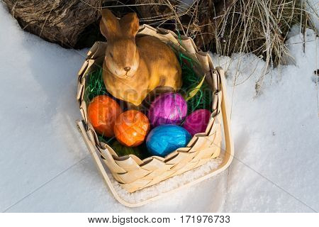 easter basket in the snow, postcard, greeting card