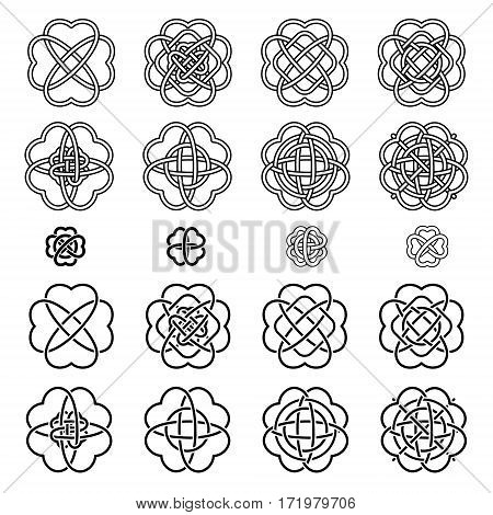 Set Four Leaf Clover Shaped Knot Black Silhouettes On White Background, Celtic Style, Vector Illustr