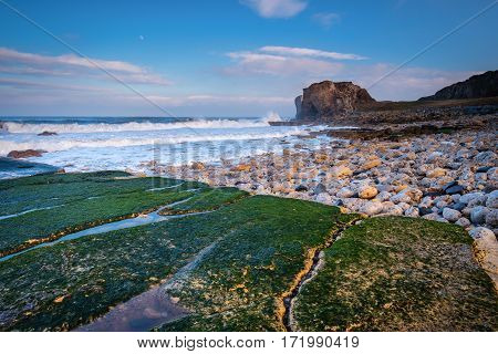 Rocks at Trow Point, at the southern end of South Shields beach in South Tyneside, are a collection of sea cliffs and rocky shores