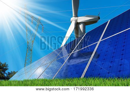 Group of solar panels with a wind turbine and a power line on a clear blue sky with sun rays. Solar and wind energy