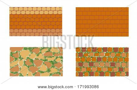 Different types of masonry. The patterns of brickwork with green grass on white background . Vector illustration. Horizontal location.