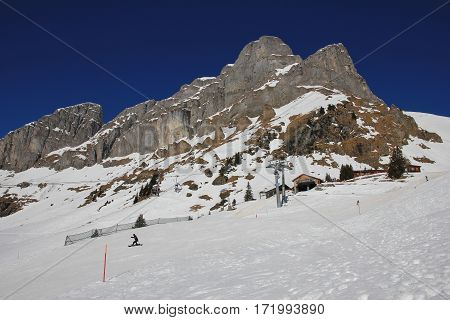Summit station of the Gumen cable car in Braunwald Swiss Alps. Mount Eggstock.