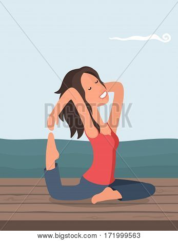 Girl brunette practicing yoga on the beach. Girl in the lotus position