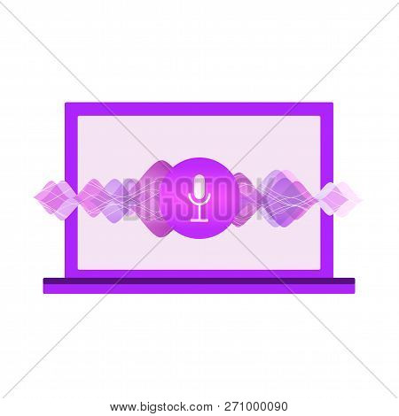 Computer Assistant For Voice Recognition Flat Illustration With Computer, Sound Symbol, Microphone B