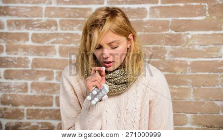 Girl Suffer Fever And Take Medicine. Headache And Fever Remedies. Take Medications To Reduce Fever. 