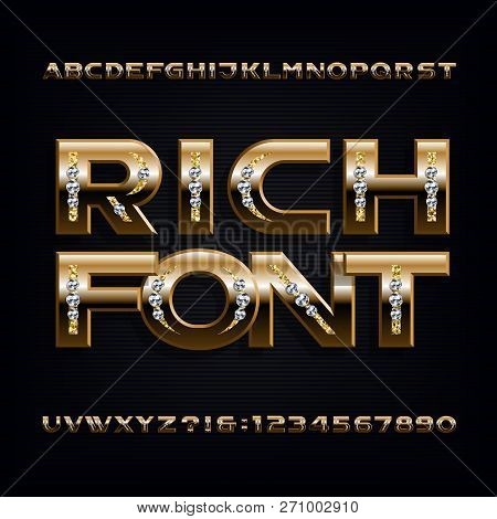 Rich Font. Ornate Gold Alphabet. Golden Letters And Numbers With Gemstones. Stock Vector Typeface Fo