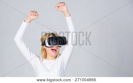 Woman With Virtual Reality Headset. Woman Watching Virtual Reality Vision. Portrait Of Woman In A Wh
