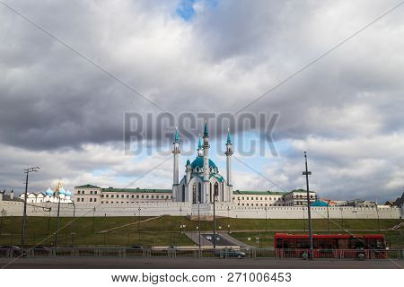 Kazan, Russia - October 17, 2018: Minarets Of The Mosque Against The Blue Sky