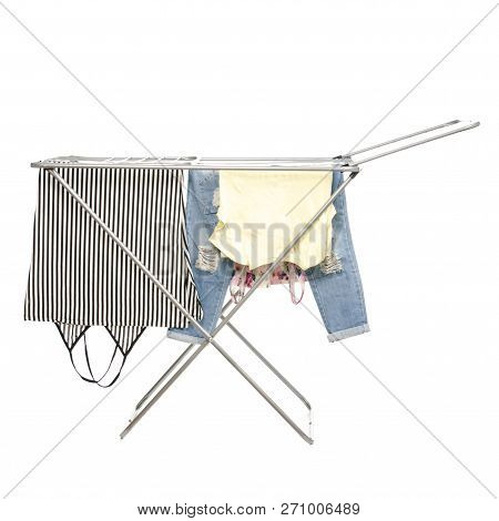 The Clothes Drying Rack With Clen Clothes On White Backgrouns Isolation