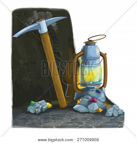 Cartoon Mining Tools - Oil Lamp And Pick Axe On White Background - Illustration For Children
