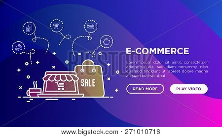 Online Shopping, E-commerce Concept With Thin Line Icons: Laptop, Payment, Piggy Bank, Sale, Currenc