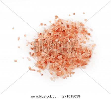 Close Up One Portion, Heap Of Large Crystals Pink Himalayan Salt Isolated On White Background, Eleva