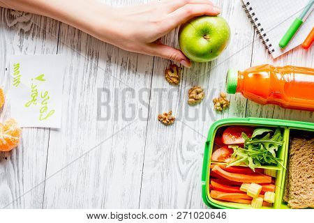 Kid Menu Lunchbox For School Top View On Wooden Background