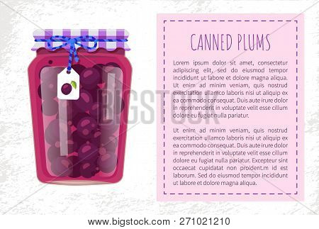 Canned Plums In Glass Jar With Tag On Lace Tied To Pot. Fruit Conservation And Storage In Container.
