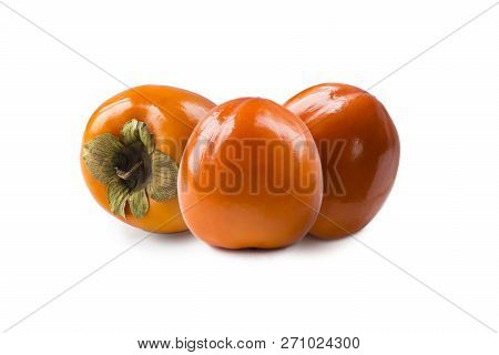 Persimmon With Copy Space For Text. Orange Ripe Persimmon Isolated On White Background. Three Persim