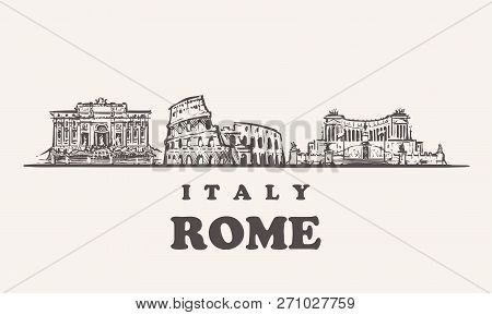 Rome Skyline, Italy Vintage Vector Illustration, Hand Drawn Buildings.