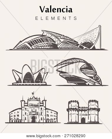 Set Of Hand-drawn Valencia Buildings.valencia Elements Sketch Vector Illustration.