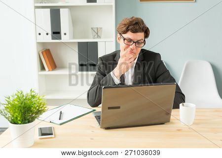 Business People, Fun And Joke Concept - Funny Businessman Picking His Nose In Office Space