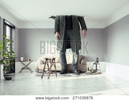 the man figure, breaking the ceiling in the living room. Photo and media elements conbinated