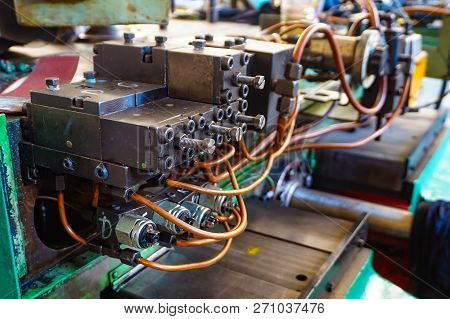 The Hydraulic System On The Machine, Copper Oil Tubes Connected To The Equipment In Production. Bed 