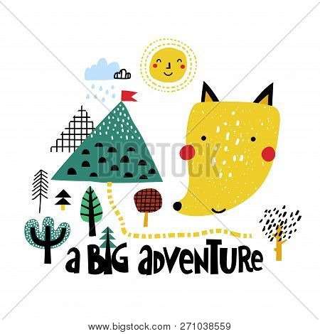 Little Adventurer Fox With Forest And Mountains. Cute Card With Fox Traveler. Illustration Vector Fo