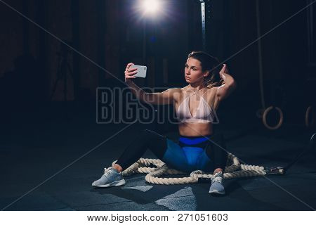 Sport Woman Smile At Camera Self Picture At Gym, Young Girl Picture Herself Exercising Fitness Cente