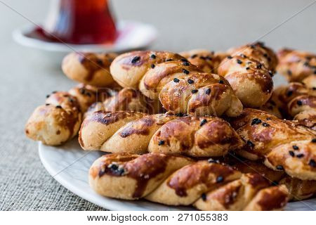 Turkish Salted Cookies With Black Cumin / Burgu Kurabiye. Traditional Food With Turkish Tea