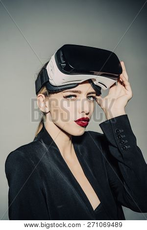 Sensual Woman Using Modern Vr Headset And Experiencing Virtual Reality. Sexy Woman With Virtual Real