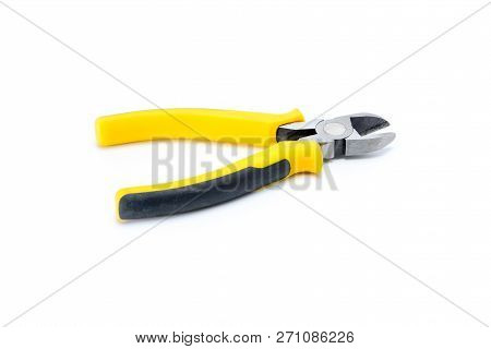 Side Cutters With Black And Yellow Isolated Handles On White Background. Isolated On White, Side Vie