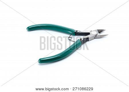Medium-sized Side Cutters With Green Isolated Handles On White Background. Isolated On White, Side V