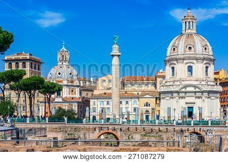 Rome, Italy: Traian Column And Santa Maria Di Loreto Church, Italy