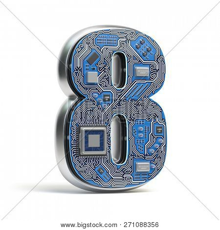 Number 8 eight, Alphabet in circuit board style. Digital hi-tech letter isolated on white. 3d illustration