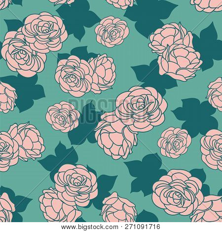 Pink Green Rose Garden With Shadow Seamless Vector Repeat Pattern