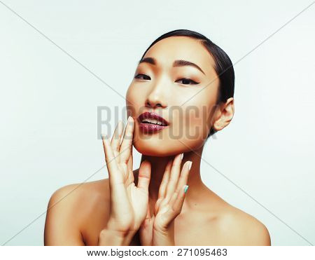Young Pretty Brunette Asian Woman Emotional Posing, Happy Smilin