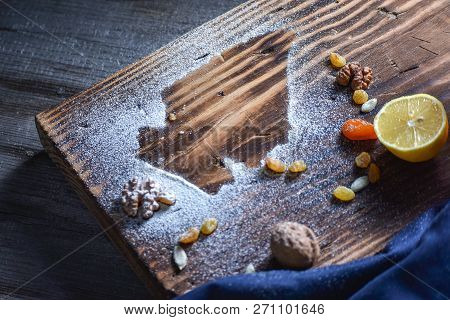 Beautiful Background For A Blog. Georgian Sweets. Dessert With Honey, Dried Fruit And Lemon.
