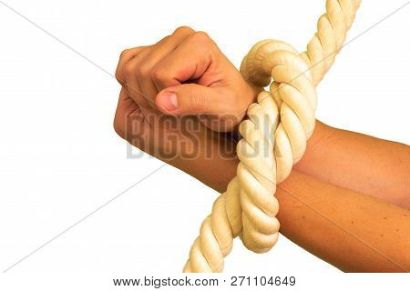 Mens Hands Are Tied In Ropes And Clenched In Their Fists.