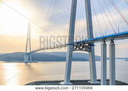 Suspended Cable Russian Bridge From The Mainland Of The Far-eastern City Of Vladivostok To The Russk