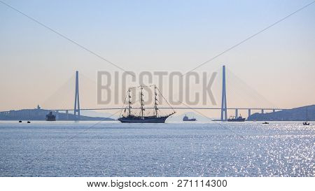 Sailboat During The International Sailing Regatta Against The Background Of The Russian Bridge To Th