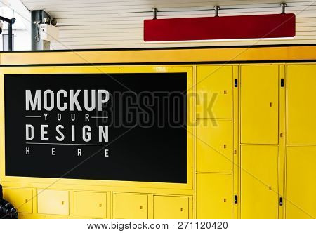 Hanging red sign mockup above yellow luggage locker