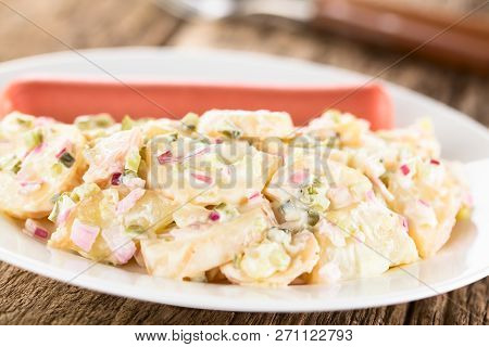 Fresh Homemade German Kartoffelsalat Potato Salad Made Of Potato, Onion, Pickle And Mayonnaise, Serv