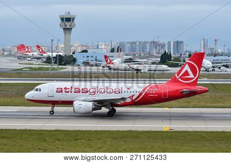 Istanbul, Turkey - Sep 30, 2018. An Airbus A319 Airplane Of Atlasglobal Taxiing On Runway Of Istanbu