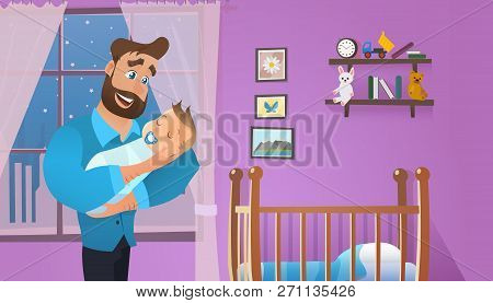 Vector Cartoon Illustration Concept Happy Father. Image Young Bearded Man Holding Newborn Baby. Happ