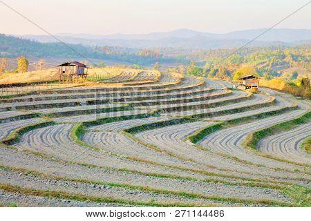 Soil Preparation For Planting. Vegetable Garden Terraces With Cottage On Mountain At Omkoi, Chiang M