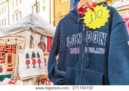 London. November 2018. A View Of A Market Stall Selling London Theamed Goods At Portobello Road Mark